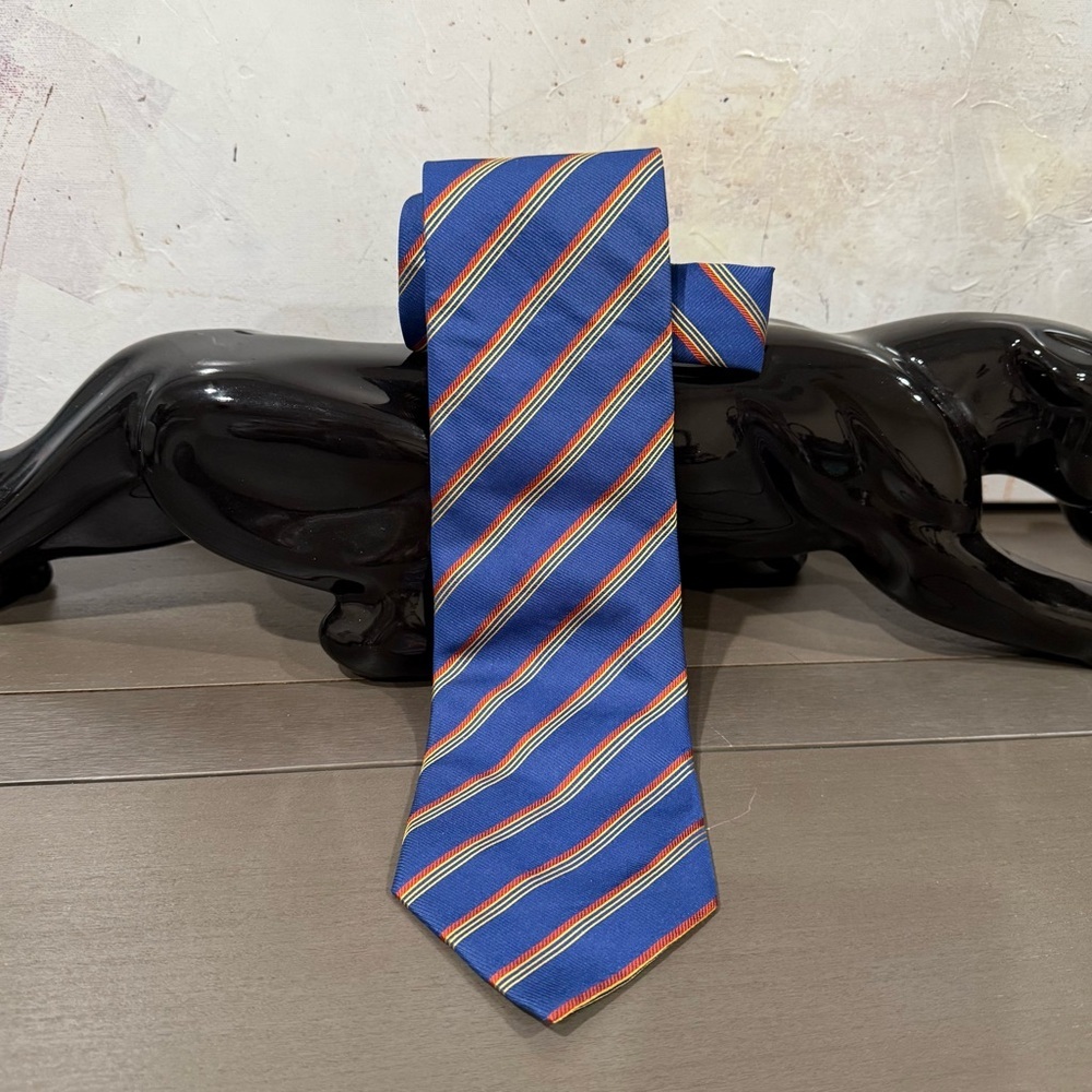 Burberry London 100% Silk Tie Blue Regimental Stripe Equestrian Logo – NWOT